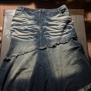 Denim Distressed Midi Skirt - Blue